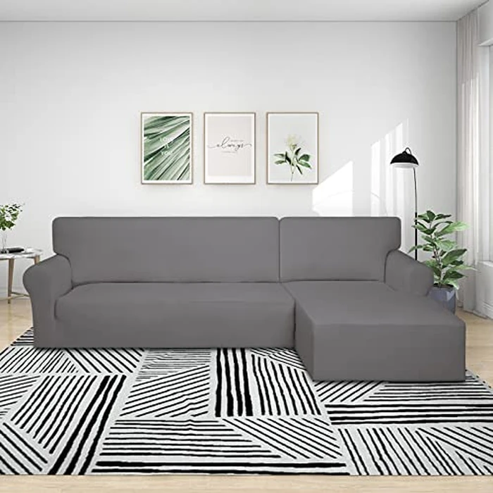PureFit Super Stretch Sectional Couch Covers - 2 pcs Spandex Non Slip Sofa Covers with Elastic Bottom for L Shape Sectional Sofa Couch, Great for Kids & Pets (3 Seat Sofa + 2 Seat Chaise, Light Gray) by PureFit - Image 2