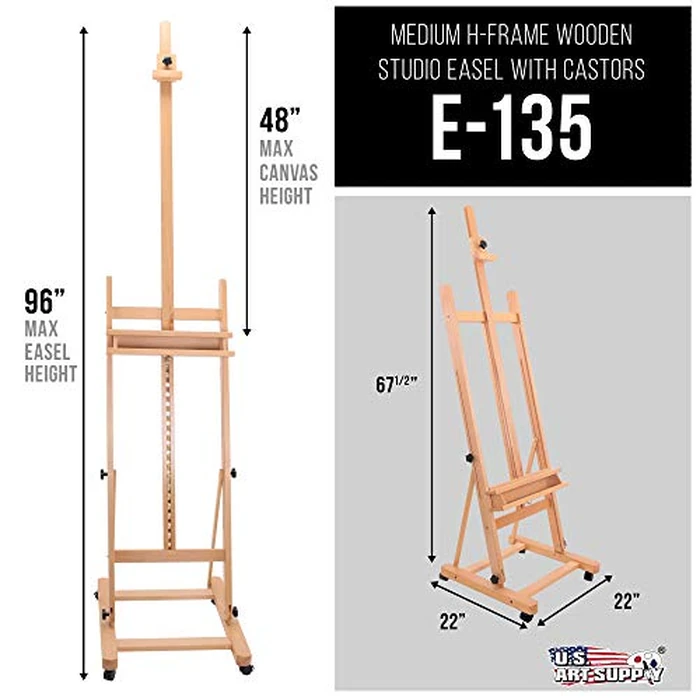 U.S. Art Supply Medium Wooden Studio H Frame Easel with Storage Tray and Wheels - Adjustable to 96" High, Holds 48" Canvas - Beechwood Artist Easel for Painting, Art Display, Portraits by U.S. Art Supply - Image 2