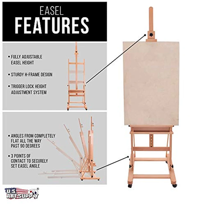 U.S. Art Supply Medium Wooden Studio H Frame Easel with Storage Tray and Wheels - Adjustable to 96" High, Holds 48" Canvas - Beechwood Artist Easel for Painting, Art Display, Portraits by U.S. Art Supply - Image 3