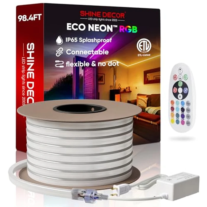 Shine Decor 98.4FT LED RGB Neon Rope Lights, ETL-Listed AC 110-120V Neon LED Strip Lights SMD5050 80LEDs/m with Remote, Dimmable Multicolor Change Flexible Neon Rope Lighting Waterproof for In&Outdoor by Shine Decor - Used - Good condition - CA$274.55