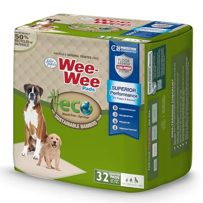 Four Paws Wee-Wee Superior Performance Bamboo Pee Pads for Dogs, Earth Friendly Dog & Puppy Potty Training Pads, Crate Liners, Housebreaking Supplies, 22" x 23" (100 Count) by Four Paws - Used - Like New condition - US$23.90