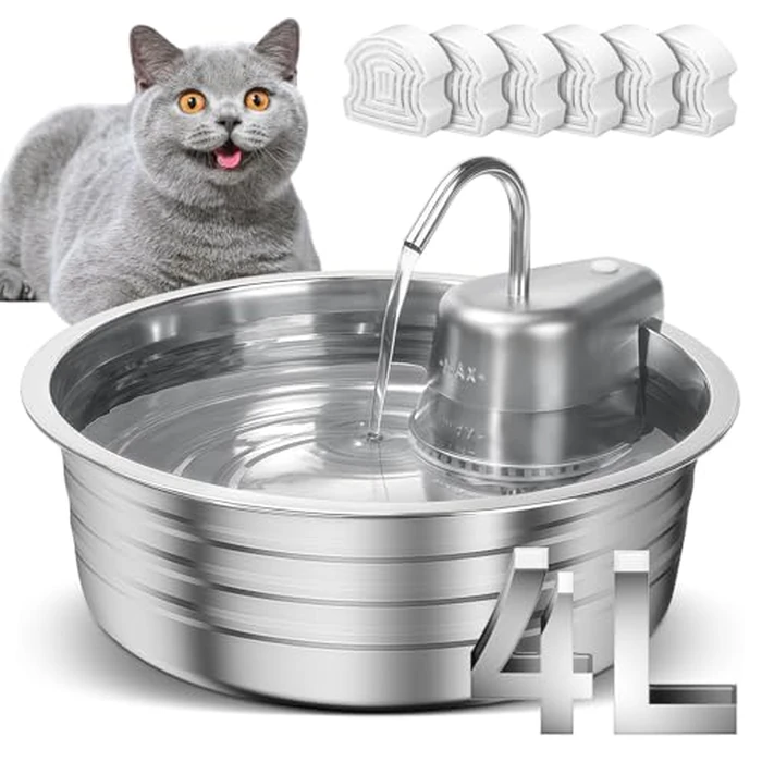 Cat Water Fountain, 4L/135OZ Stainless Steel Pet Fountain with 6 Filters Dog Water Dispenser, Dog Water Bowl Cat Drinking Fountains Watering Supplies with Ultra-Quiet Pump for Pets Indoor by EZMioo - Used - Very Good condition - US$30.32
