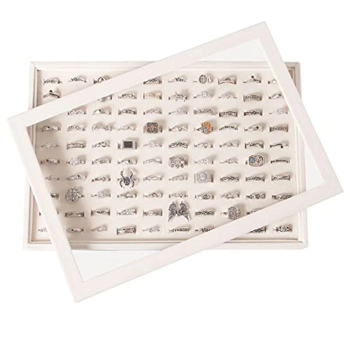 Coward Jewelry Organizer Tray With Lid 100 Slot Ring Holder Case Stackable Display Stand for Selling (beige(100 Slot Ring+The glass lid)) by Coward - Used - Very Good condition - US$16.77