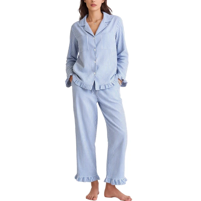 Flygo Womens Striped Pajama Sets 2 Piece Cotton Lounge Sets Button Down Top Straight Leg Pants with Pockets Y2K Pjs Sleepwear(Blue-S) by Flygo - Used - Very Good condition