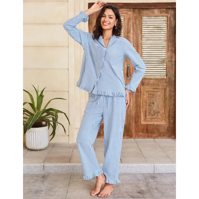 Flygo Womens Striped Pajama Sets 2 Piece Cotton Lounge Sets Button Down Top Straight Leg Pants with Pockets Y2K Pjs Sleepwear(Blue-S) by Flygo - Image 4