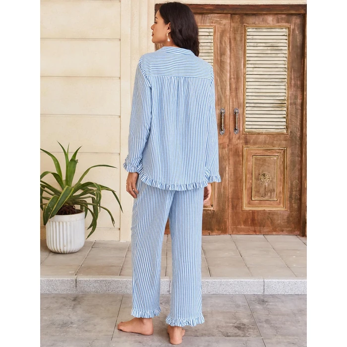 Flygo Womens Striped Pajama Sets 2 Piece Cotton Lounge Sets Button Down Top Straight Leg Pants with Pockets Y2K Pjs Sleepwear(Blue-S) by Flygo - Image 5
