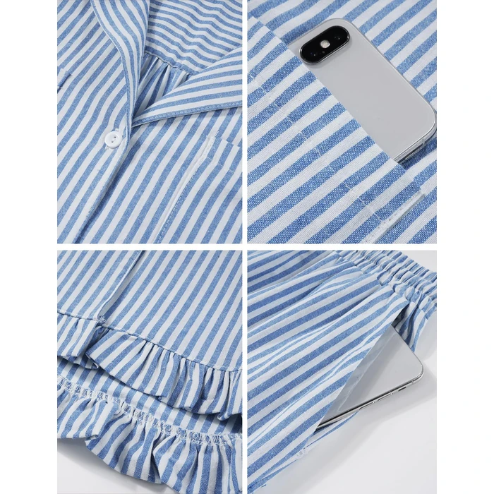 Flygo Womens Striped Pajama Sets 2 Piece Cotton Lounge Sets Button Down Top Straight Leg Pants with Pockets Y2K Pjs Sleepwear(Blue-S) by Flygo - Image 7