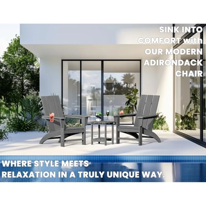 POLYDUN Modern Adirondack Chair with Cup Holder, HDPE Plastic Patio Chairs for All Weather, Fire Pit Chair, Outdoor Lawn Chairs for Deck, Porch, Backyard, Garden, Slate Gray by POLYDUN - Image 2