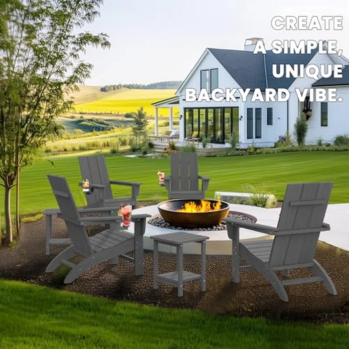 POLYDUN Modern Adirondack Chair with Cup Holder, HDPE Plastic Patio Chairs for All Weather, Fire Pit Chair, Outdoor Lawn Chairs for Deck, Porch, Backyard, Garden, Slate Gray by POLYDUN - Image 3