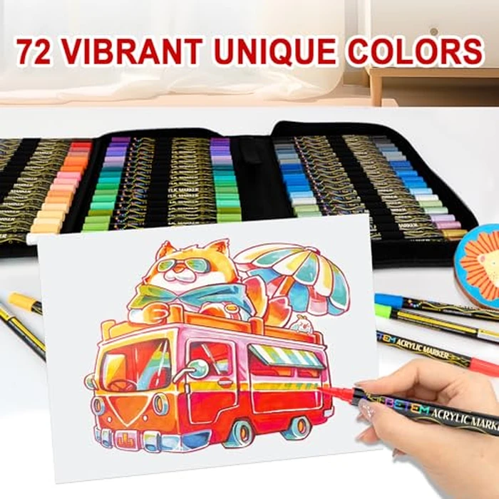 Betem 72 Colors Paint Markers Acrylic Paint Pens, Dual Tip with Brush Tip and Fine Point, Art Supplies for Wood, Canvas, Stone, Glass, Ceramic, Rock Painting Kit DIY Crafts Making Drawing Kit with Bag by Betem - Image 6