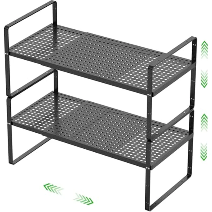Expandable Cabinet Storage Shelf Stackable Organizer Rack for Kitchen Bathroom Pantry Spice Cupboard Coffee Countertop Home Office Desk Heavy Duty Nonslip Black Large 2 PACK by SUZLON - Used - Very Good condition