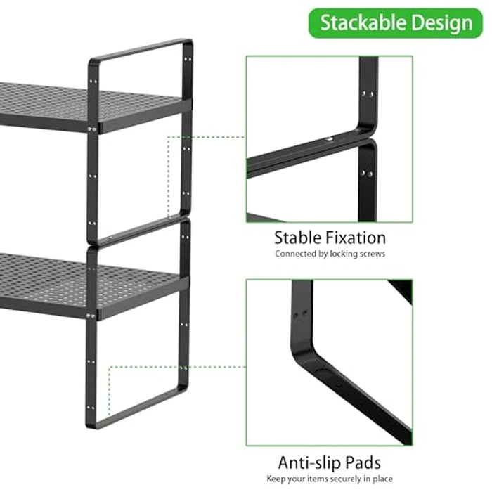 Expandable Cabinet Storage Shelf Stackable Organizer Rack for Kitchen Bathroom Pantry Spice Cupboard Coffee Countertop Home Office Desk Heavy Duty Nonslip Black Large 2 PACK by SUZLON - Image 3