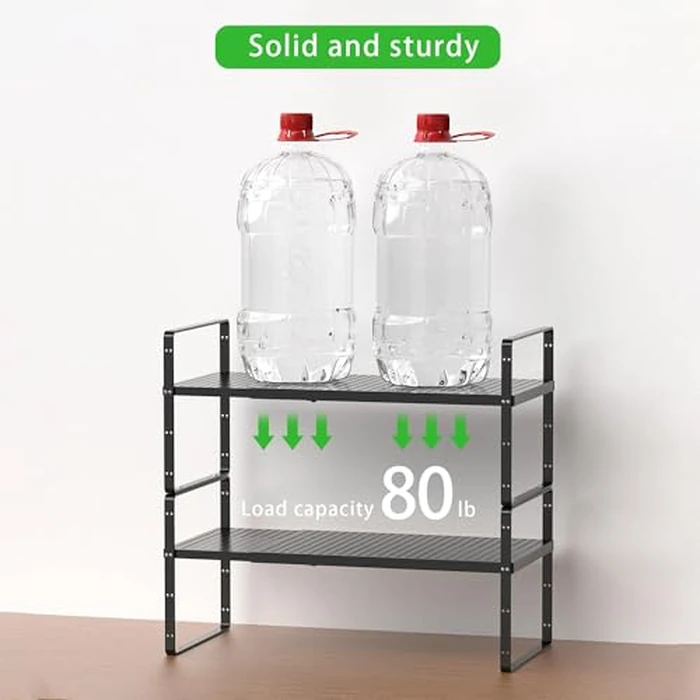 Expandable Cabinet Storage Shelf Stackable Organizer Rack for Kitchen Bathroom Pantry Spice Cupboard Coffee Countertop Home Office Desk Heavy Duty Nonslip Black Large 2 PACK by SUZLON - Image 4