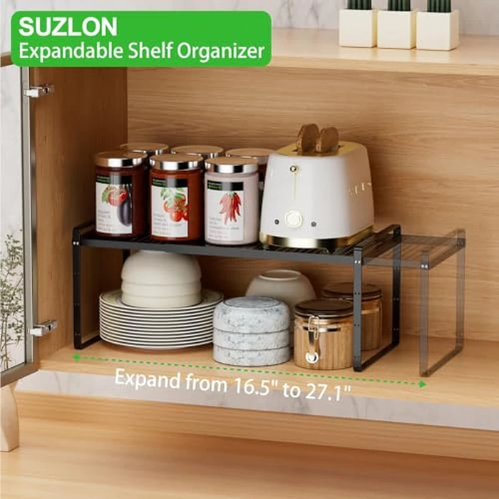 Expandable Cabinet Storage Shelf Stackable Organizer Rack for Kitchen Bathroom Pantry Spice Cupboard Coffee Countertop Home Office Desk Heavy Duty Nonslip Black Large 2 PACK by SUZLON - Image 5
