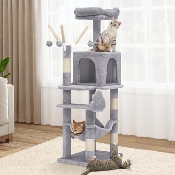 YITAHOME 44in Cat Tree Tower Indoor, Multi-Level Cat Condo with Scratching Posts, Cat Window Padded Plush Perch, Cozy Hammock, Funny Pompoms for Kittens Pet Play House, Light Gray by YITAHOME - Used - Very Good condition