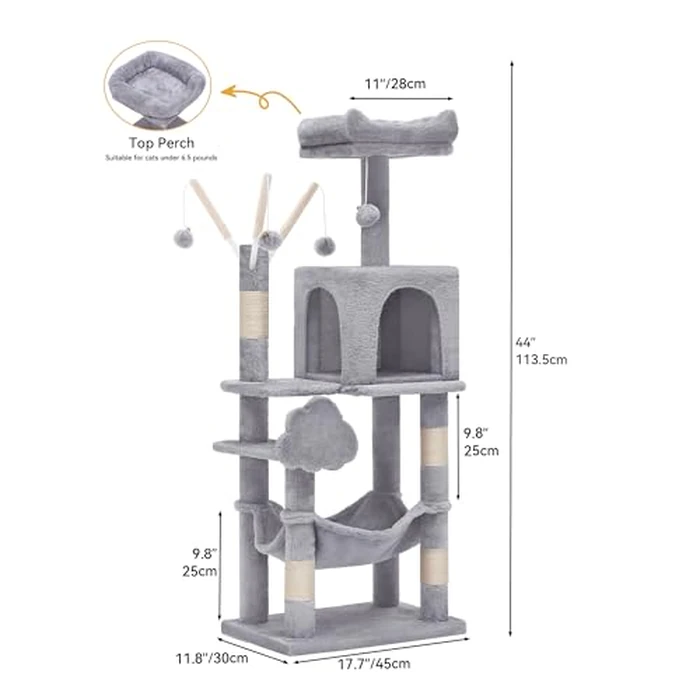 YITAHOME 44in Cat Tree Tower Indoor, Multi-Level Cat Condo with Scratching Posts, Cat Window Padded Plush Perch, Cozy Hammock, Funny Pompoms for Kittens Pet Play House, Light Gray by YITAHOME - Image 2