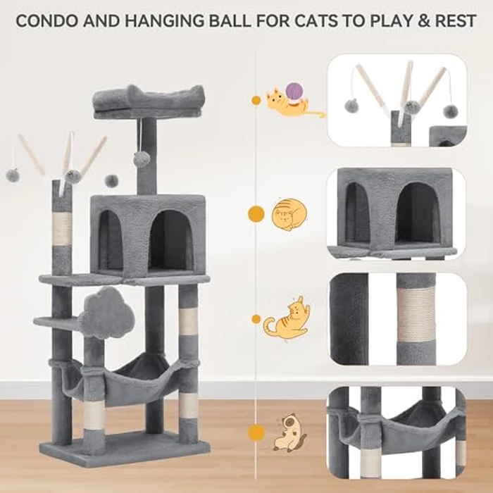 YITAHOME 44in Cat Tree Tower Indoor, Multi-Level Cat Condo with Scratching Posts, Cat Window Padded Plush Perch, Cozy Hammock, Funny Pompoms for Kittens Pet Play House, Light Gray by YITAHOME - Image 3