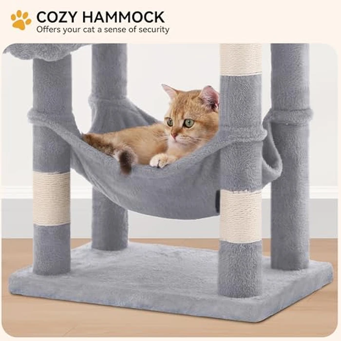 YITAHOME 44in Cat Tree Tower Indoor, Multi-Level Cat Condo with Scratching Posts, Cat Window Padded Plush Perch, Cozy Hammock, Funny Pompoms for Kittens Pet Play House, Light Gray by YITAHOME - Image 4