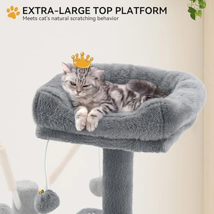 YITAHOME 44in Cat Tree Tower Indoor, Multi-Level Cat Condo with Scratching Posts, Cat Window Padded Plush Perch, Cozy Hammock, Funny Pompoms for Kittens Pet Play House, Light Gray by YITAHOME - Image 5