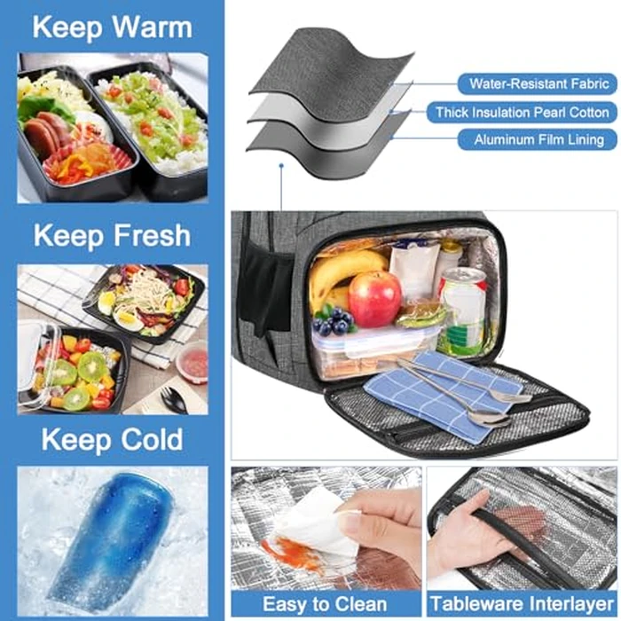 MATEIN Laptop Backpack with Lunch Box, 18 Inch Gray Mens Work Backpack for Office Commute College, Personal Item Insulated Lunch Work Bag for Traveling, Heavy Duty Travel Back Pack with Luggage Strap by MATEIN - Image 2