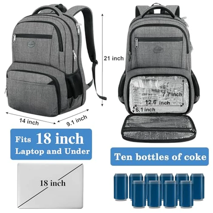 MATEIN Laptop Backpack with Lunch Box, 18 Inch Gray Mens Work Backpack for Office Commute College, Personal Item Insulated Lunch Work Bag for Traveling, Heavy Duty Travel Back Pack with Luggage Strap by MATEIN - Image 4