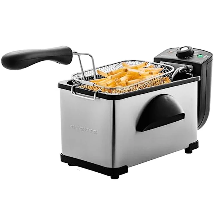OVENTE Electric Deep Fryer 2 Liter Capacity, 1500 Watt Lid with Viewing Window and Odor Filter, Adjustable Temperature, Removable Frying Basket and Easy to Clean Stainless Steel Body, Silver FDM2201BR by OVENTE - Image 1
