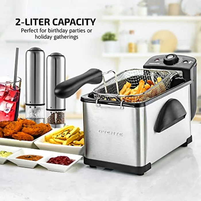 OVENTE Electric Deep Fryer 2 Liter Capacity, 1500 Watt Lid with Viewing Window and Odor Filter, Adjustable Temperature, Removable Frying Basket and Easy to Clean Stainless Steel Body, Silver FDM2201BR by OVENTE - Image 2