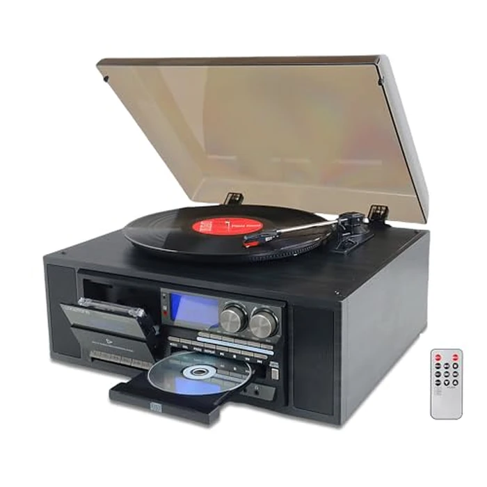 10 in 1 Vinyl Record Player 3 Speed Bluetooth Vintage Automatic Turntable CD Cassette Player AM/FM Radio USB Recorder Aux-in RCA Line-Out (Black) by LoopTone - Used - Very Good condition - CA$150.19