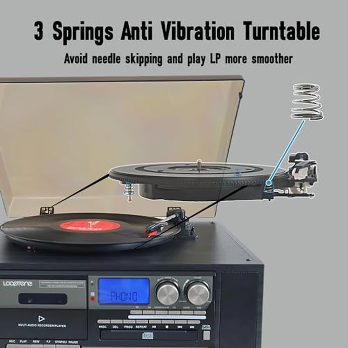 10 in 1 Vinyl Record Player 3 Speed Bluetooth Vintage Automatic Turntable CD Cassette Player AM/FM Radio USB Recorder Aux-in RCA Line-Out (Black) by LoopTone - Image 3