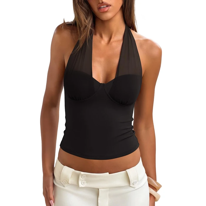 REORIA Butsmooth(R) Women's Sexy Tank Top Mesh Halter Double Lined Going Out Crop Tops Deep V Neck Backless Y2K Trendy Outfits Black Medium by REORIA - Used - Acceptable condition - US$19.13