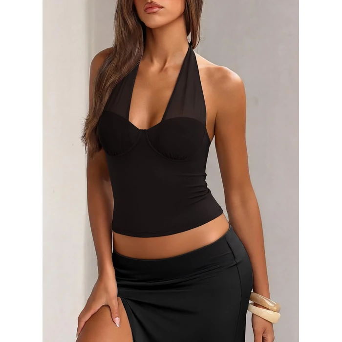 REORIA Butsmooth(R) Women's Sexy Tank Top Mesh Halter Double Lined Going Out Crop Tops Deep V Neck Backless Y2K Trendy Outfits Black Medium by REORIA - Image 2