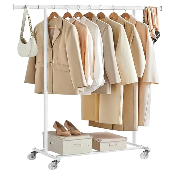 SONGMICS Clothes Rack with Wheels, Heavy-Duty Clothing Rack for Hanging Clothes, Portable Garment Rack, with Extendable Hanging Rail, 220 lb Load Capacity, White UHSR013W01 by SONGMICS - Used - Acceptable condition - CA$34.01