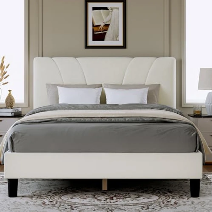 Novilla Queen Bed Frame, Queen Size Bed Frame with Wooden Slats Support, Velvet Upholstered Headboard, No Box Spring Needed, Heavy Duty Feet, Easy Assembly, White Velvet by Novilla - Image 1