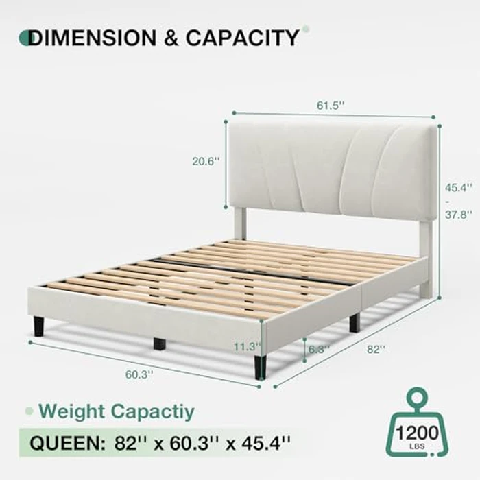 Novilla Queen Bed Frame, Queen Size Bed Frame with Wooden Slats Support, Velvet Upholstered Headboard, No Box Spring Needed, Heavy Duty Feet, Easy Assembly, White Velvet by Novilla - Image 2