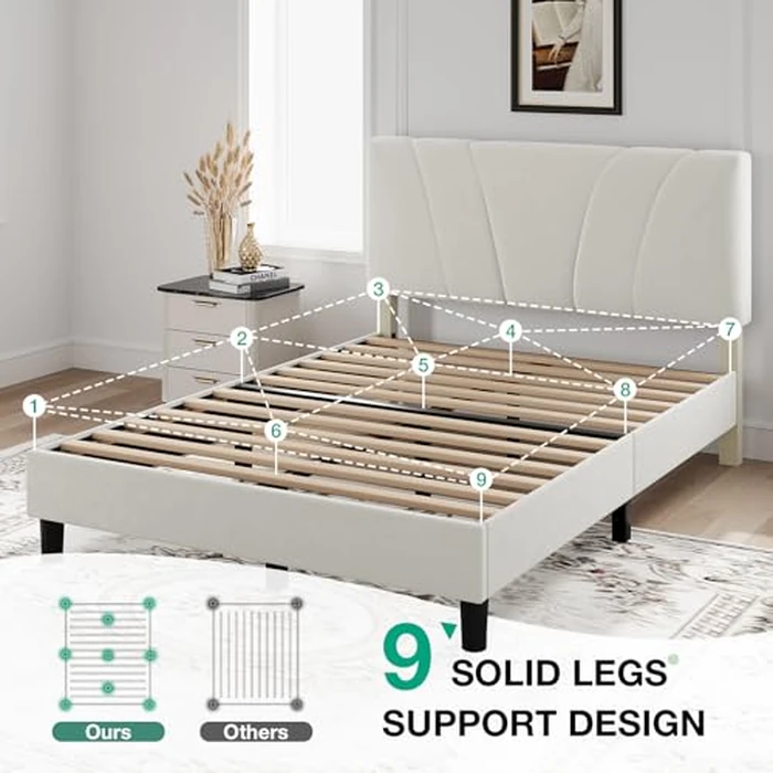 Novilla Queen Bed Frame, Queen Size Bed Frame with Wooden Slats Support, Velvet Upholstered Headboard, No Box Spring Needed, Heavy Duty Feet, Easy Assembly, White Velvet by Novilla - Image 5