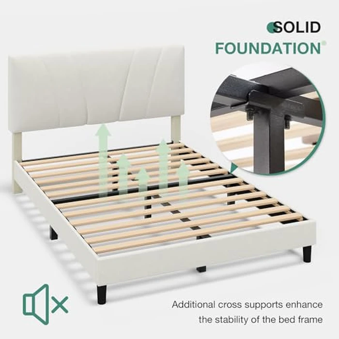 Novilla Queen Bed Frame, Queen Size Bed Frame with Wooden Slats Support, Velvet Upholstered Headboard, No Box Spring Needed, Heavy Duty Feet, Easy Assembly, White Velvet by Novilla - Image 8