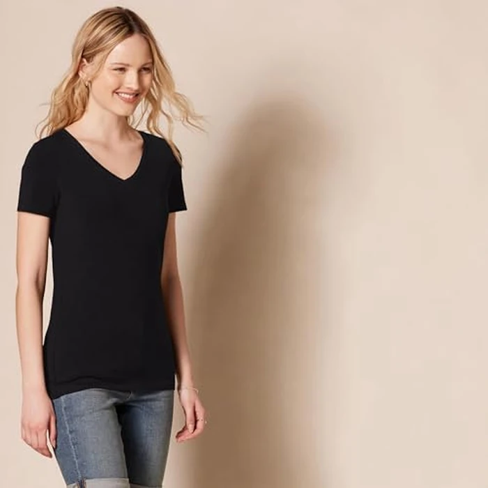 Amazon Essentials Women's Regular-Fit Short-Sleeve T-Shirt (Crewneck and V-Neck Options), Pack of 4, Black/White, Large by Amazon Essentials - Used - Like New condition - US$17.96