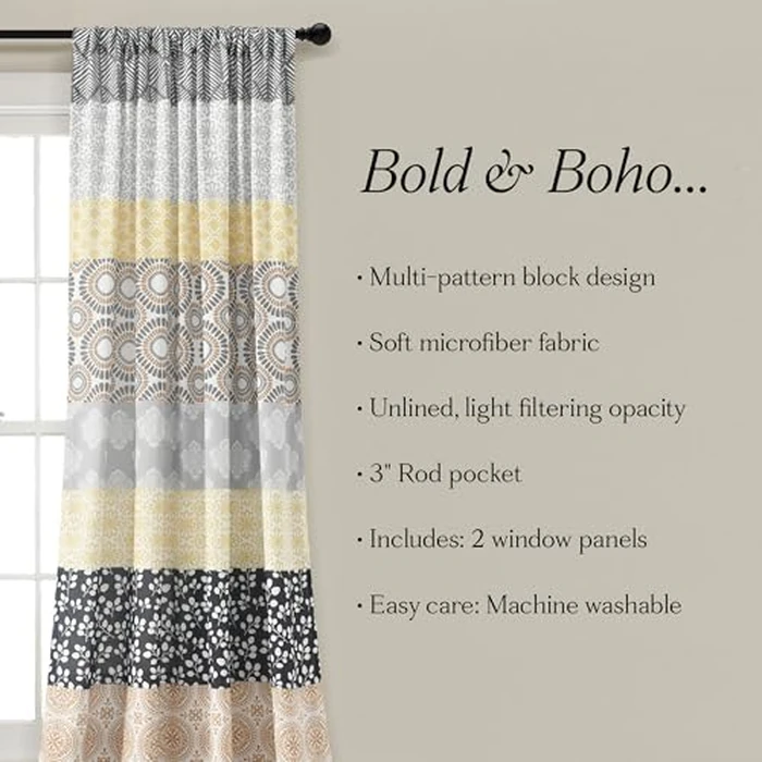 Lush Decor Bohemian Stripe Window Curtain Panels, Pair 52" W x 84" L Yellow & Gray - Light Filtering Curtains for Bedroom - Boho Curtains - Maximalist Decor by Lush Decor - Image 7