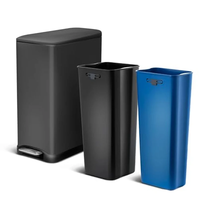 Home Zone Living 13 Gallon Slim Dual Compartment Kitchen Trash Can, Soft-Close Lid and Step Pedal, Stainless Steel, Matte Black by Home Zone Living - Used - Like New condition