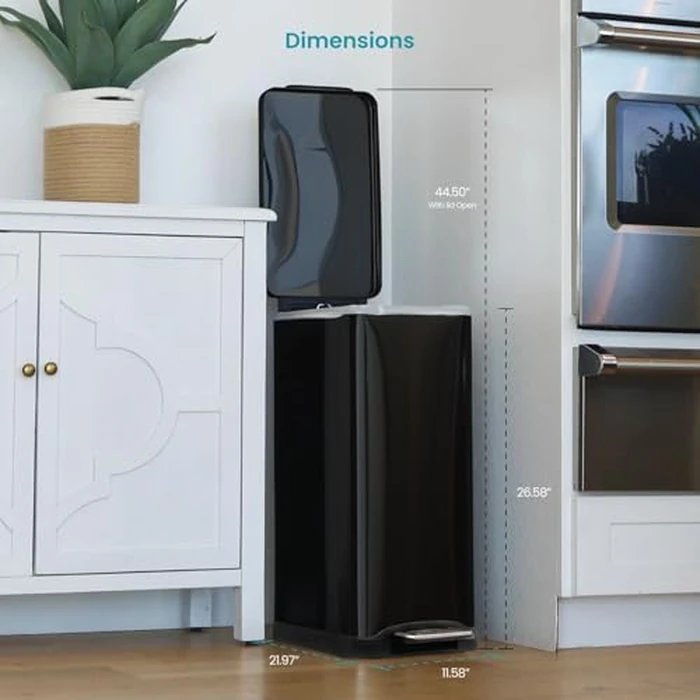 Home Zone Living 13 Gallon Slim Dual Compartment Kitchen Trash Can, Soft-Close Lid and Step Pedal, Stainless Steel, Matte Black by Home Zone Living - Image 7