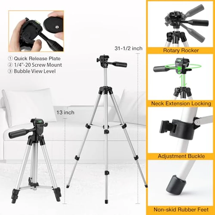 PREXISO Laser Level with Tripod, 65Ft Self Leveling Cross Line Laser Level, Green Line leveler Tool for Hanging Pictures, Home Renovation with LED Indicator & 2 AA Batteries (31-1/2 inch Tripod) by Prexiso - Image 2