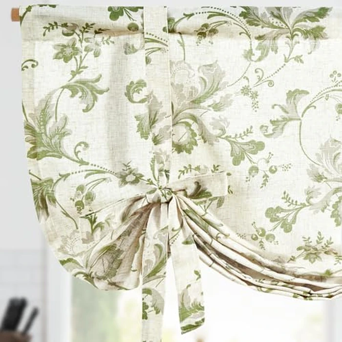 jinchan Tie Up Valance Curtain Floral Linen for Windows Farmhouse 45 Inch Damask Printed Short Window Treatment Adjustable Length for Kitchen Living Room Light Filtering 1 Panel Green on Linen by jinchan - Used - Very Good condition