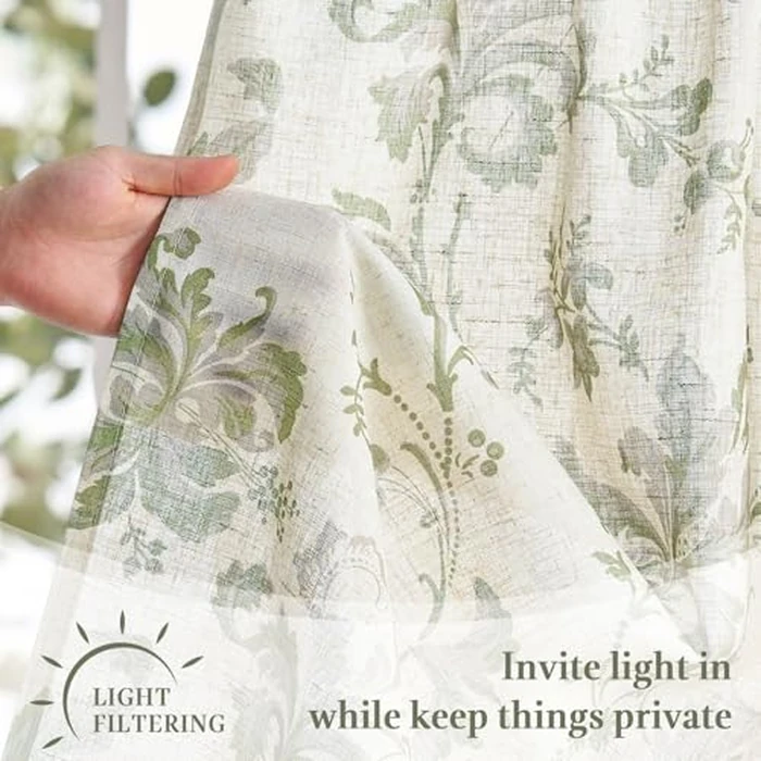 jinchan Tie Up Valance Curtain Floral Linen for Windows Farmhouse 45 Inch Damask Printed Short Window Treatment Adjustable Length for Kitchen Living Room Light Filtering 1 Panel Green on Linen by jinchan - Image 4