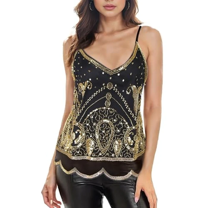 Vijiv Vintage 1920s Inspired Strappy Beaded Sequin Crop Top Flapper Style Sleeveless V-Neck Shimmer Glitter Tops Gatsby Party Black Gold by Vijiv - Image 1