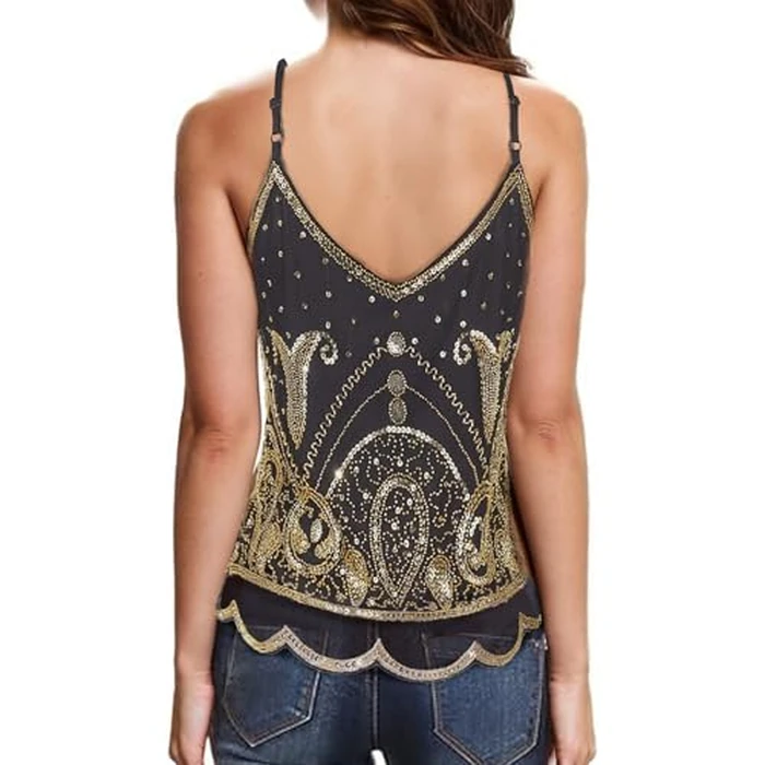 Vijiv Vintage 1920s Inspired Strappy Beaded Sequin Crop Top Flapper Style Sleeveless V-Neck Shimmer Glitter Tops Gatsby Party Black Gold by Vijiv - Image 4