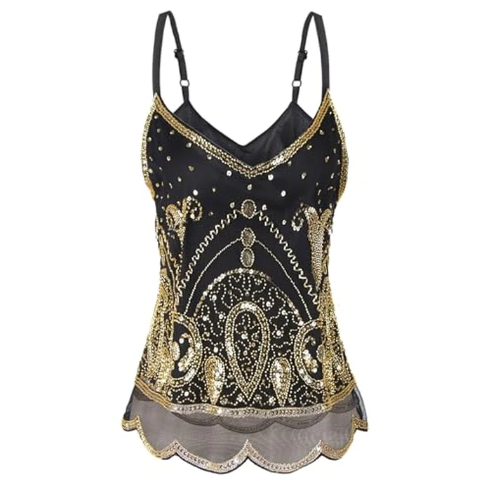 Vijiv Vintage 1920s Inspired Strappy Beaded Sequin Crop Top Flapper Style Sleeveless V-Neck Shimmer Glitter Tops Gatsby Party Black Gold by Vijiv - Image 5