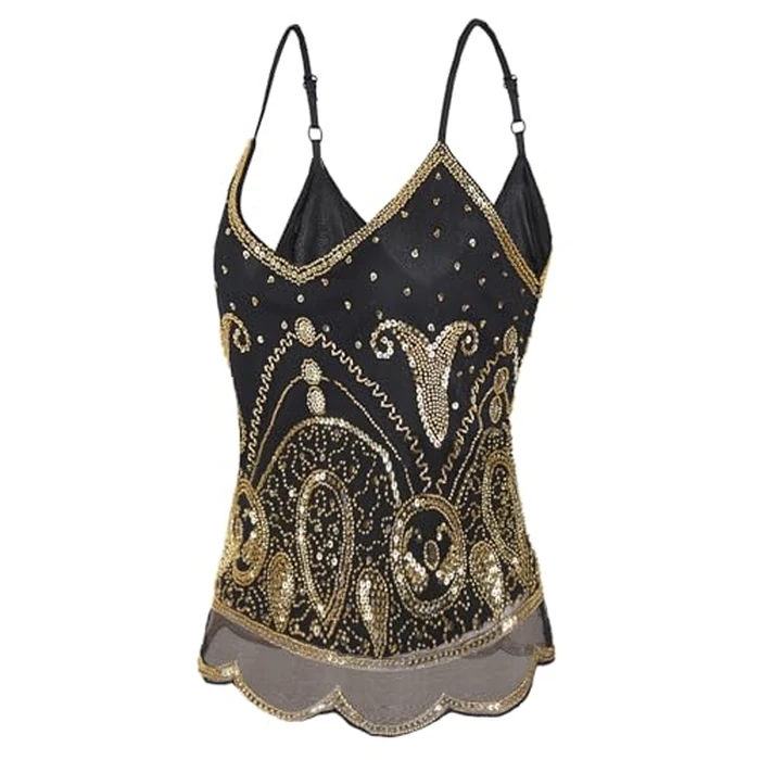 Vijiv Vintage 1920s Inspired Strappy Beaded Sequin Crop Top Flapper Style Sleeveless V-Neck Shimmer Glitter Tops Gatsby Party Black Gold by Vijiv - Image 6