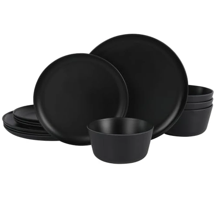 Gibson Home Fairhope 12-Piece Matte Black Melamine Dinnerware Set - Durable Lightweight Plates and Bowls, Kitchen Dining Set by Gibson Home - Used - Like New condition