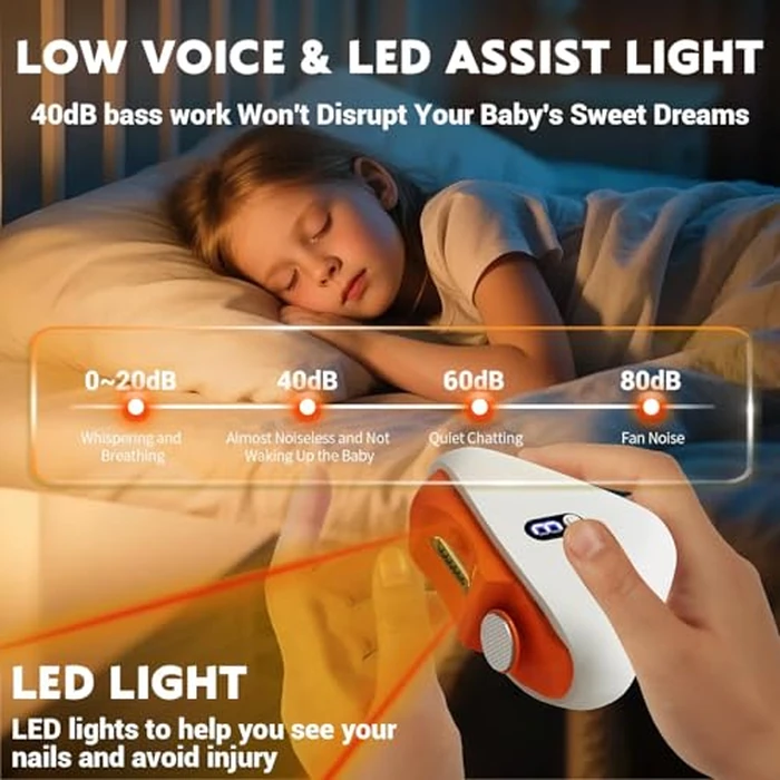 JUNZUP Electric Nail Clipper, 3 Speeds Electric Toenail Clipper, Automatic 2 in 1 Electric Nail Trimmer Grind Nail Care Tool with LED Light, Safe for Babies, Seniors and Adults (Dark Orange) by JUNZUP - Image 3