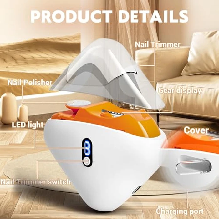 JUNZUP Electric Nail Clipper, 3 Speeds Electric Toenail Clipper, Automatic 2 in 1 Electric Nail Trimmer Grind Nail Care Tool with LED Light, Safe for Babies, Seniors and Adults (Dark Orange) by JUNZUP - Image 5